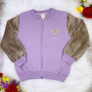 Blusa de Moletom Com Zíper Lilás Manga Pelúcia Marfim