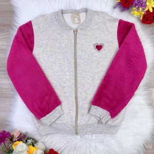 Blusa de Moletom Com Zípe Marfim Manga Pelúcia Pink